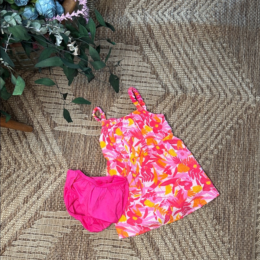 (5for$10) Cat & Jack Pink\Orange Tropical Summer Baby Dress with Bloomers 18m